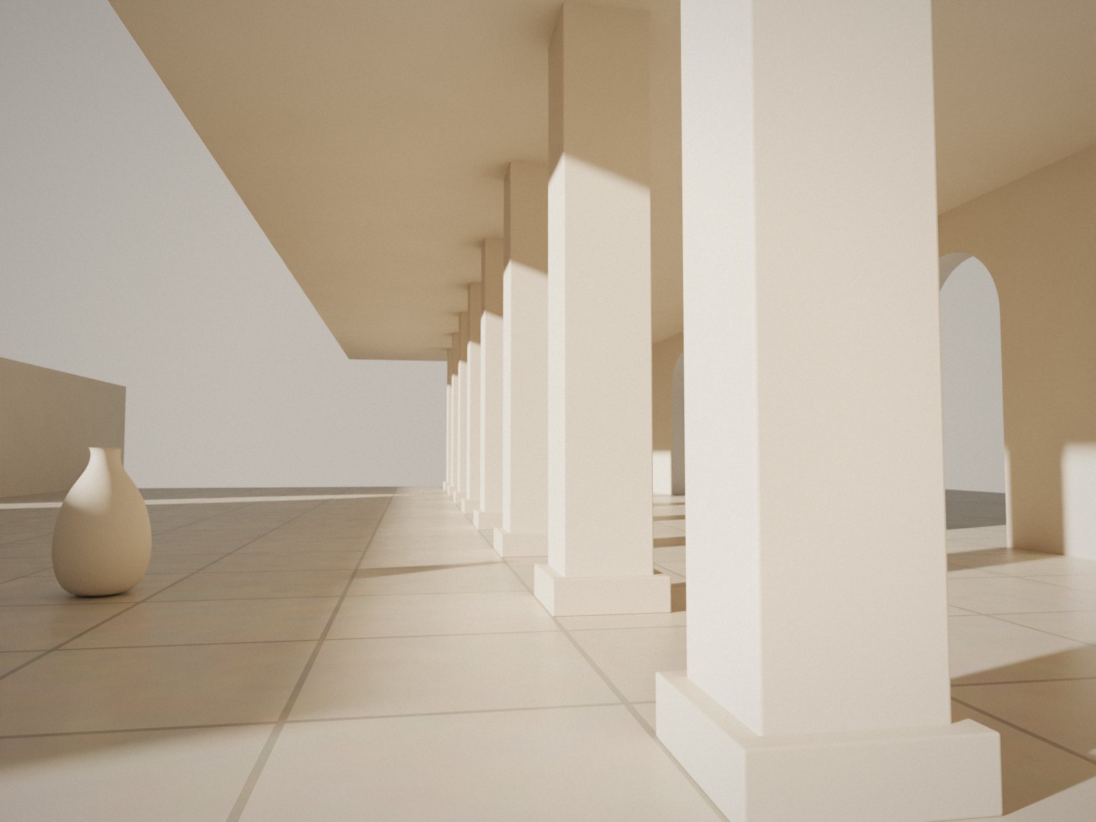 A sunlit colonnade with tall arched openings