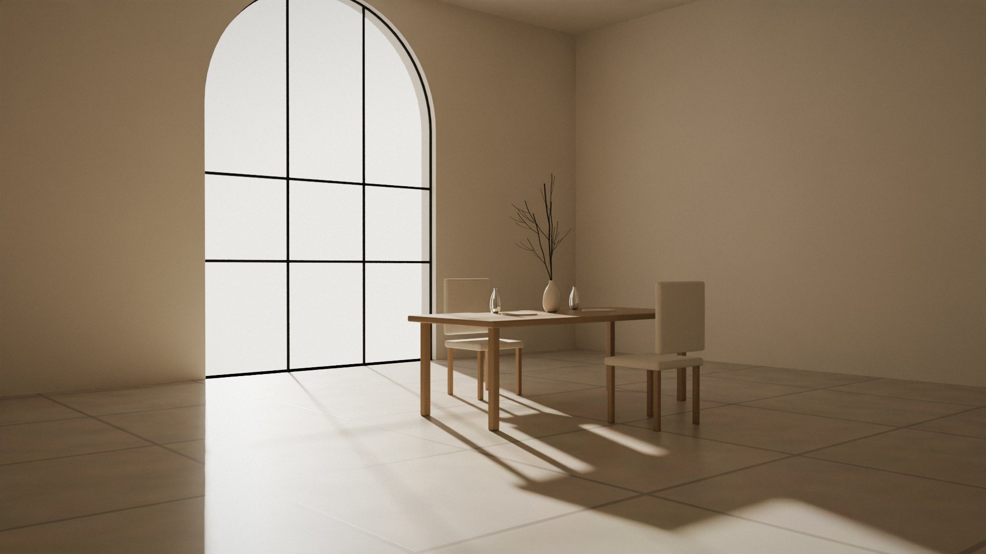 A table set for two before a tall window